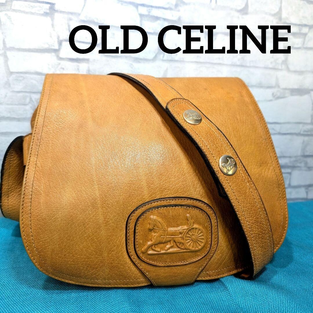 CELINE Shoulder Bag Embossed Leather Horse carriage logo Vintage Auth From Japan