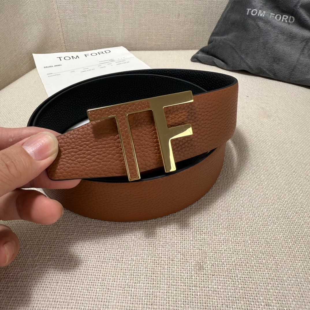 Tom Ford Reversible Leather Gold Metal T-Buckle Decorated Belt