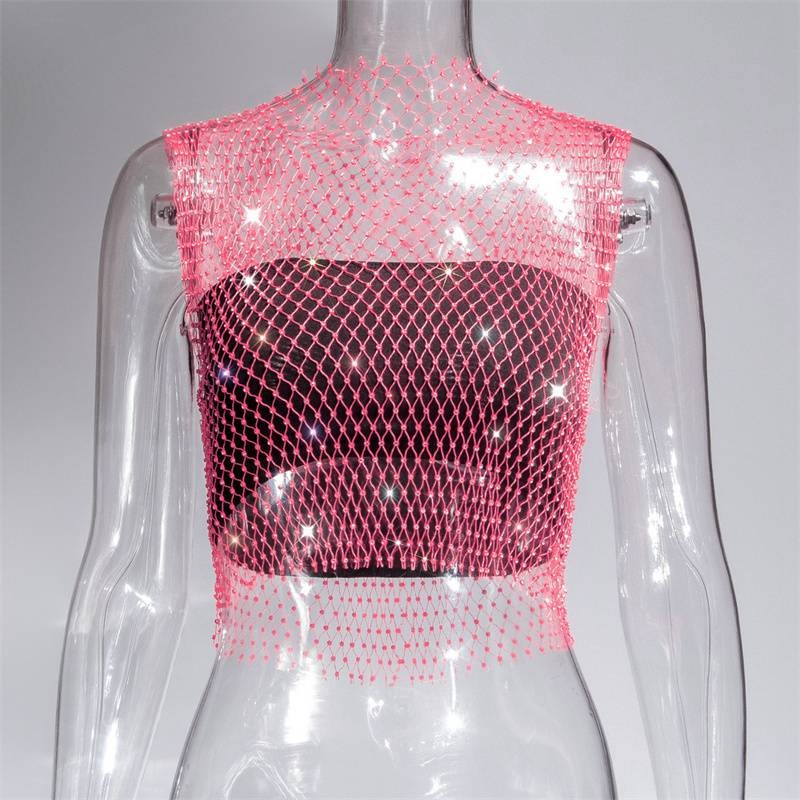 Summer Rhinestones Backless Leqoel Sexy Mesh Fashion See Through Tank Hollow