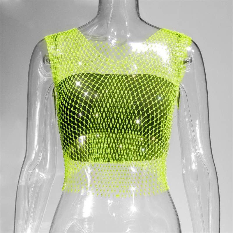 Summer Rhinestones Backless Leqoel Sexy Mesh Fashion See Through Tank Hollow