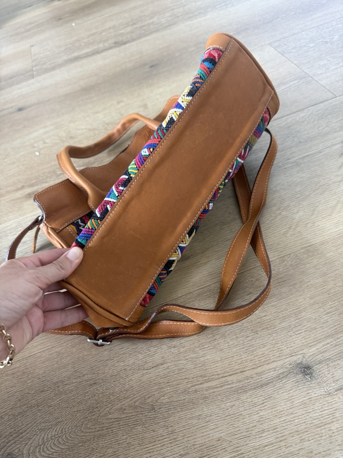 Brown Multicolor Geometric Satchel Top Handle Bag w/ Detachable Crossbody Strap