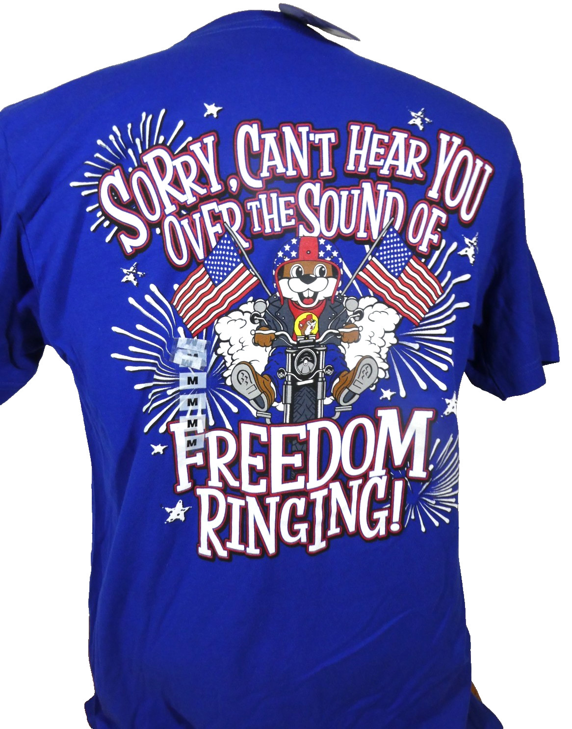 Buc-ee’s Beaver T-Shirt M Blue Tag & Sticker USA Freedom Independence Day 250th