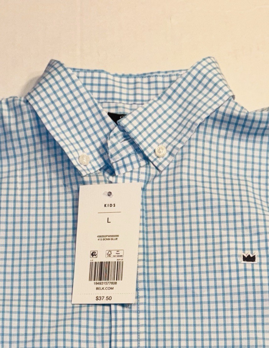 Crown & Ivy Boys Youth Blue Gingham Button Down Dress Shirt NWT Size L 14/16