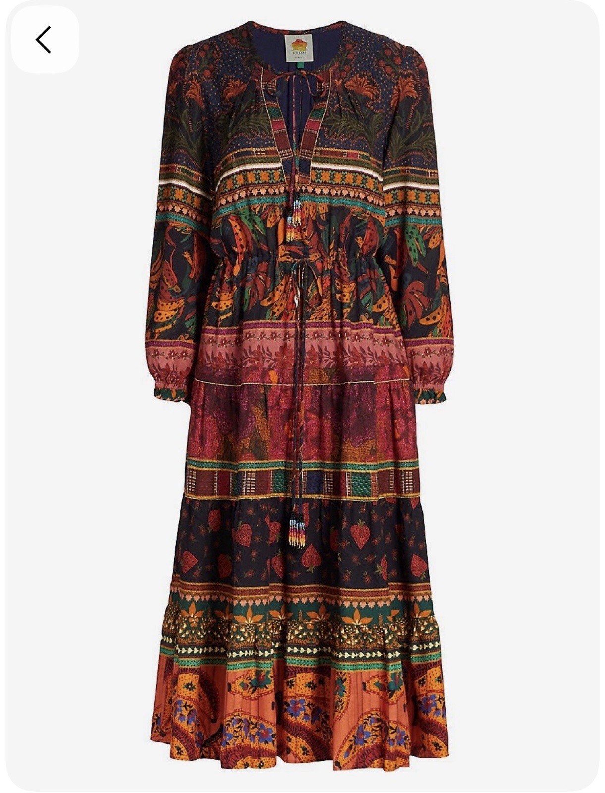 Farm Rio Mixed Patchwork Midi Dress with Tie Neck Dress M
