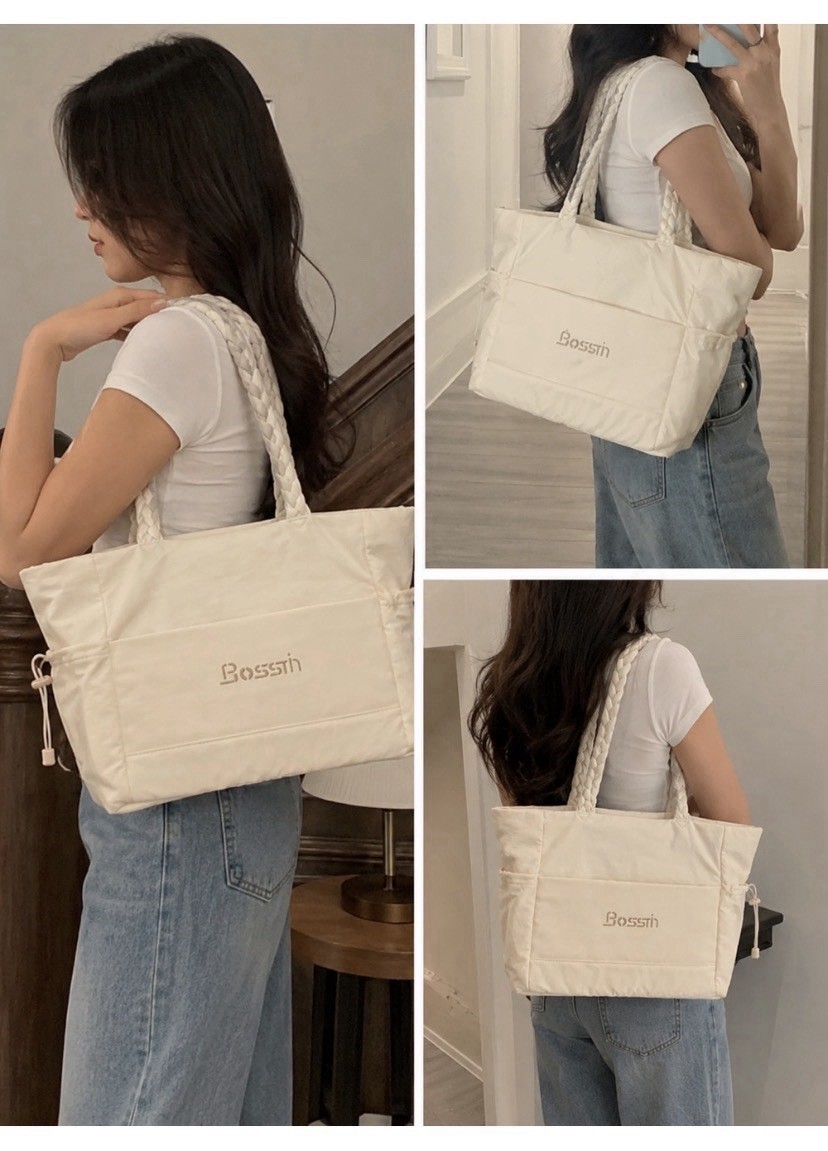 Bosstin Beige Tote Bag Zip Closure Braided Handles Inner Pockets Silver HW
