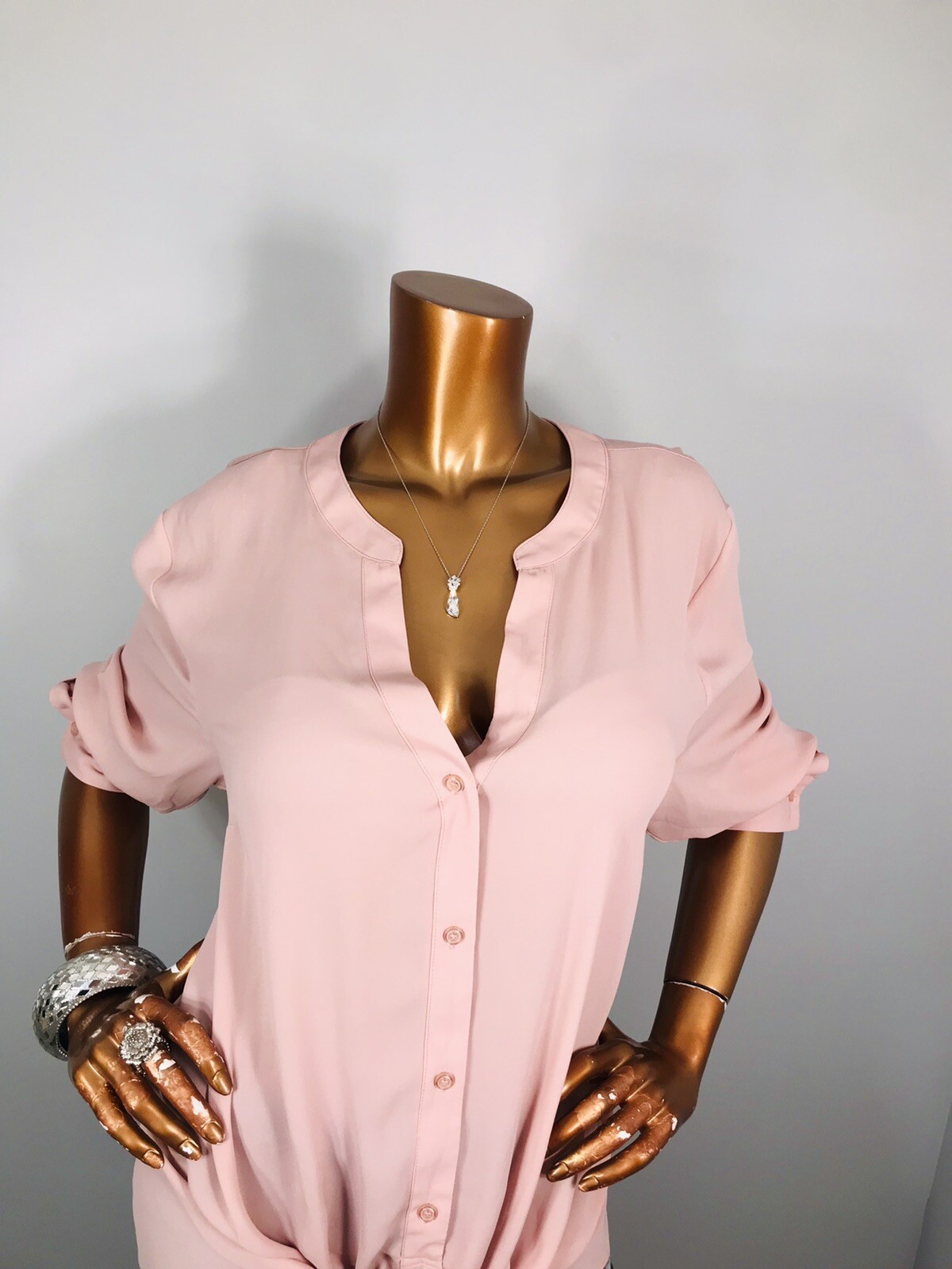 INC XXL Top NWT $59 Twisted Hem Front Button Up Shirt Blouse Low V Cut Long Slvs