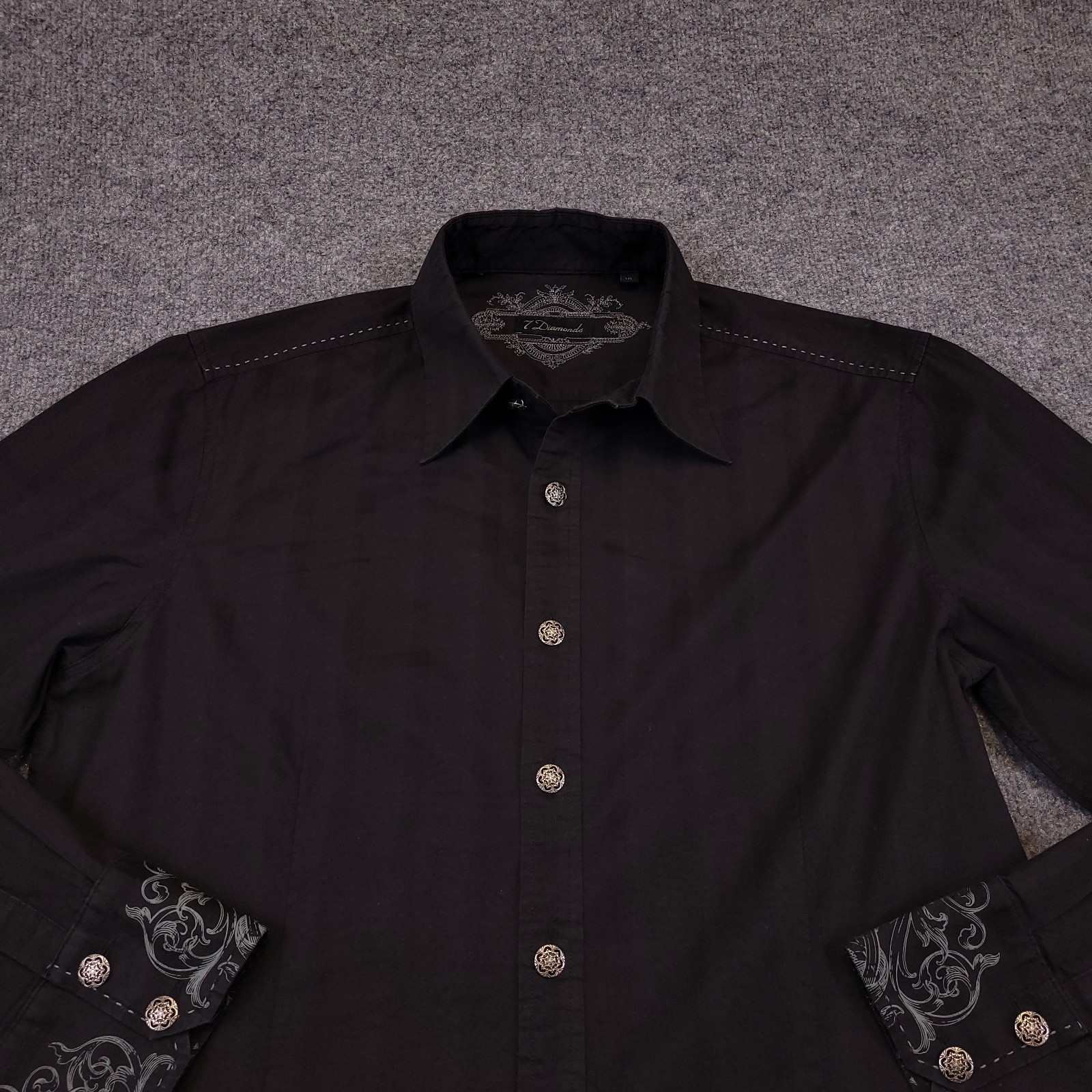7D 7 Diamonds Embroidered Button Down Shirt Mens XL Black Stretch Metal Button