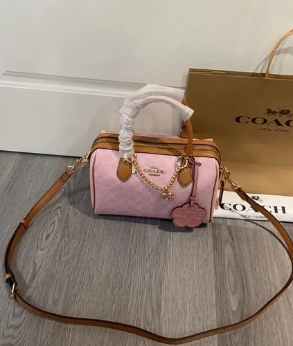 Coach Rowan Satchel Bag Signature Canvas With Charms Gold/Powder Pink CEA18 New