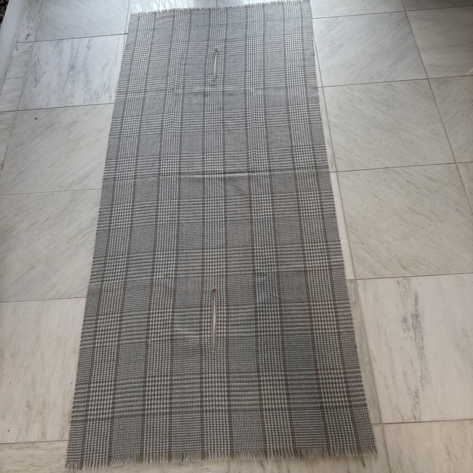 Soft Fringe Scarf Plaid Grey Beige White – 81” By 36” – Reversible W/ Hand Holes