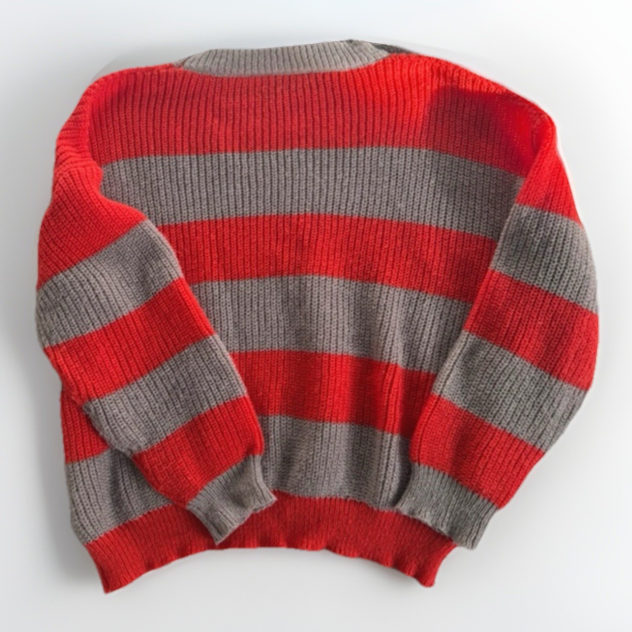 Red/Grey Striped Crew Neck Knitted Jumper – Size Medium