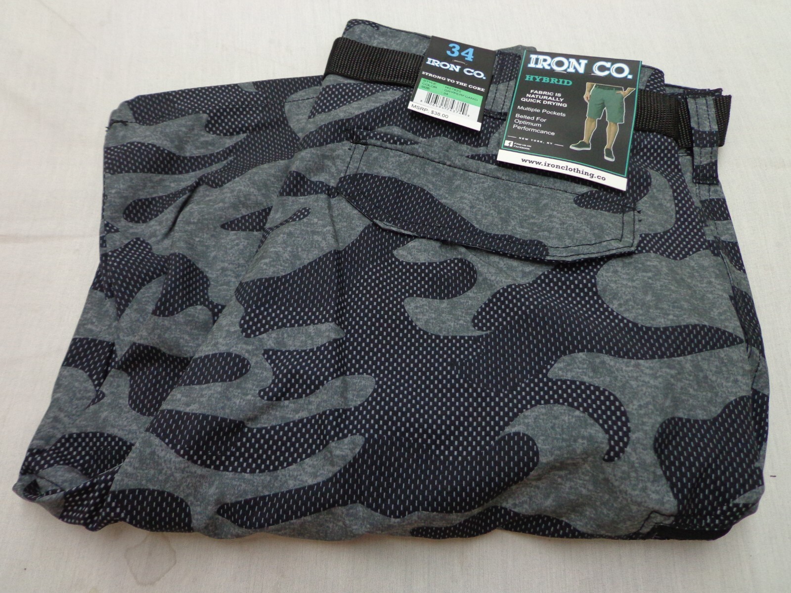 IRON CO. Hybrid Belted Shorts Gray Camo Size 34 NEW