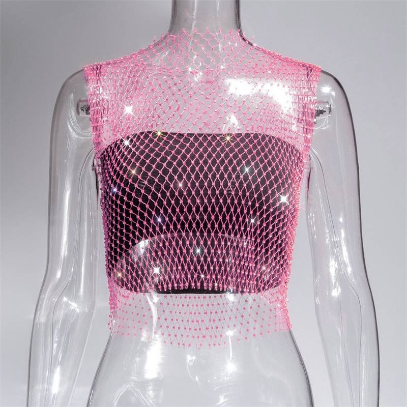 Summer Rhinestones Backless Leqoel Sexy Mesh Fashion See Through Tank Hollow