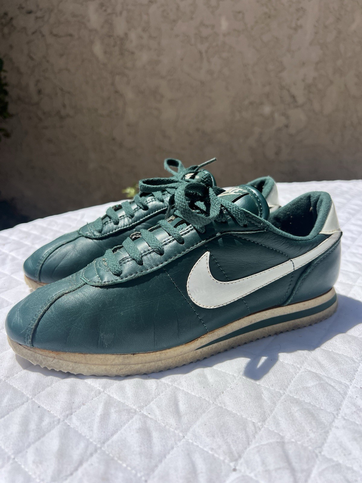Vintage 1980s Nike Cortez Size 8 Green Leather Shoes Made in Republic of Korea