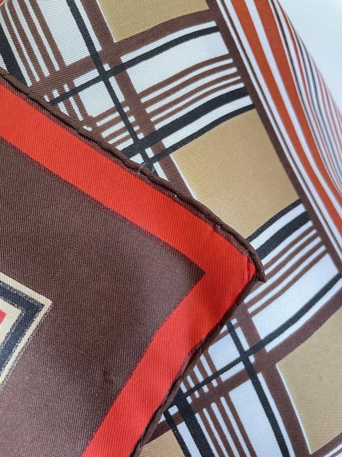 H75# Vintage 100% Pure Silk Scarf Made in Italy Plaid Geometric Brown Orange