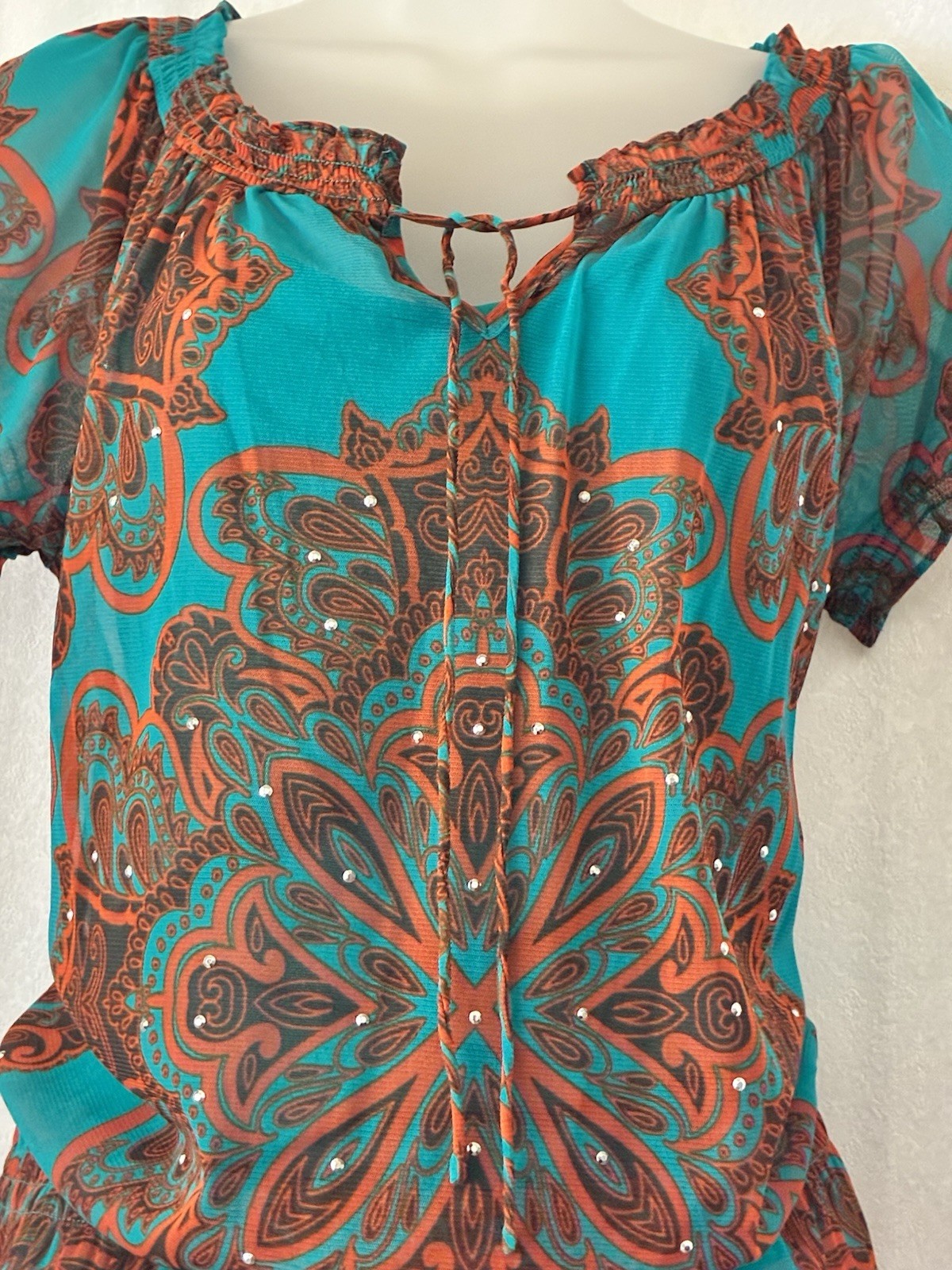 INC International Concepts Paisley Chiffon Tie V-Neck Sheer Blouse M Regular