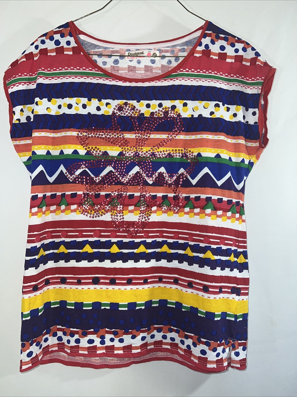 Desigual Madagascar Girls Top Sz 13/14 Vibrant Colors With Sequins Cap Sleeves