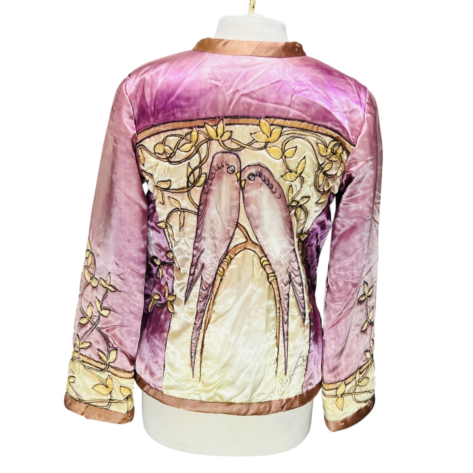 VTG Valery Guignon Hand Painted Silk Quilt Jacket Sz M Wearable Art Birds Signed