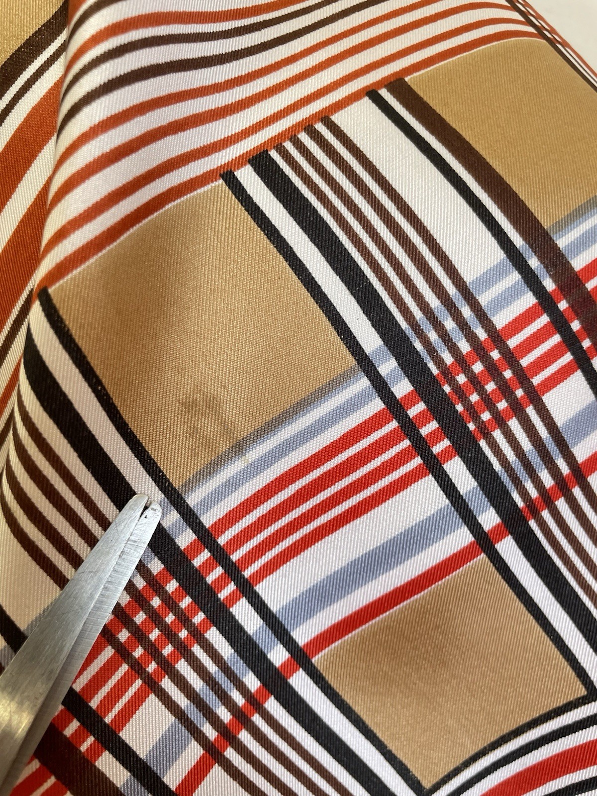 H75# Vintage 100% Pure Silk Scarf Made in Italy Plaid Geometric Brown Orange
