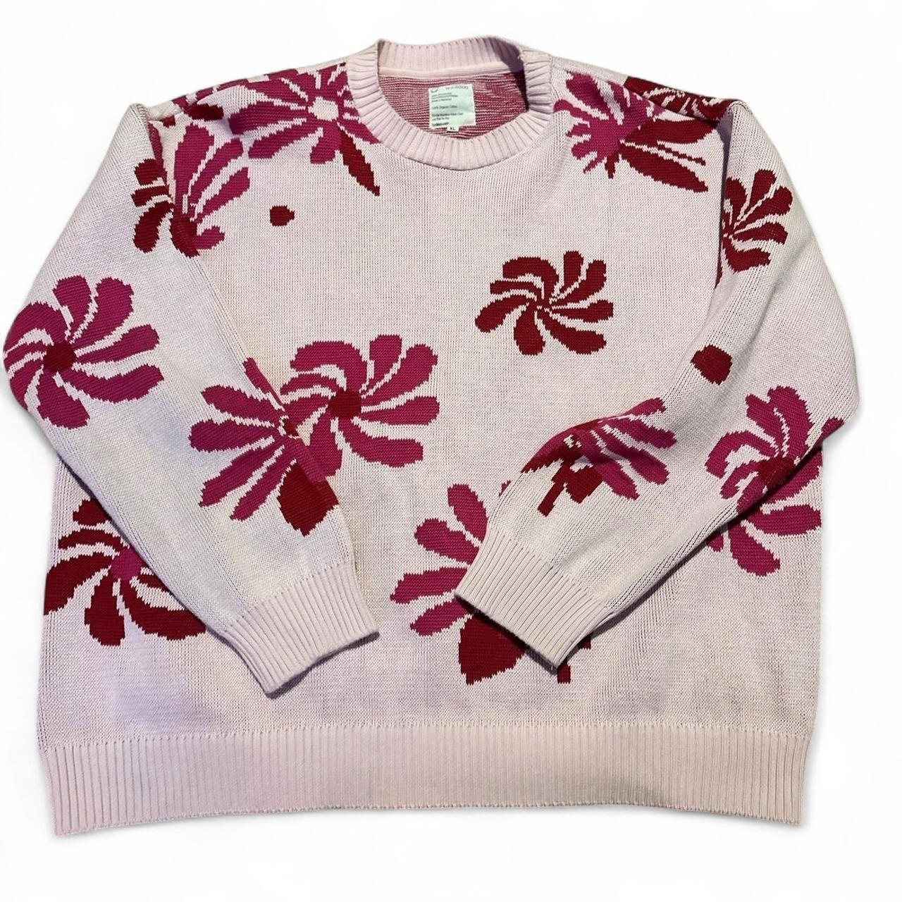 For Days WK8000 Organic Cotton Floral Intarsia Sweater Pink Magenta XL