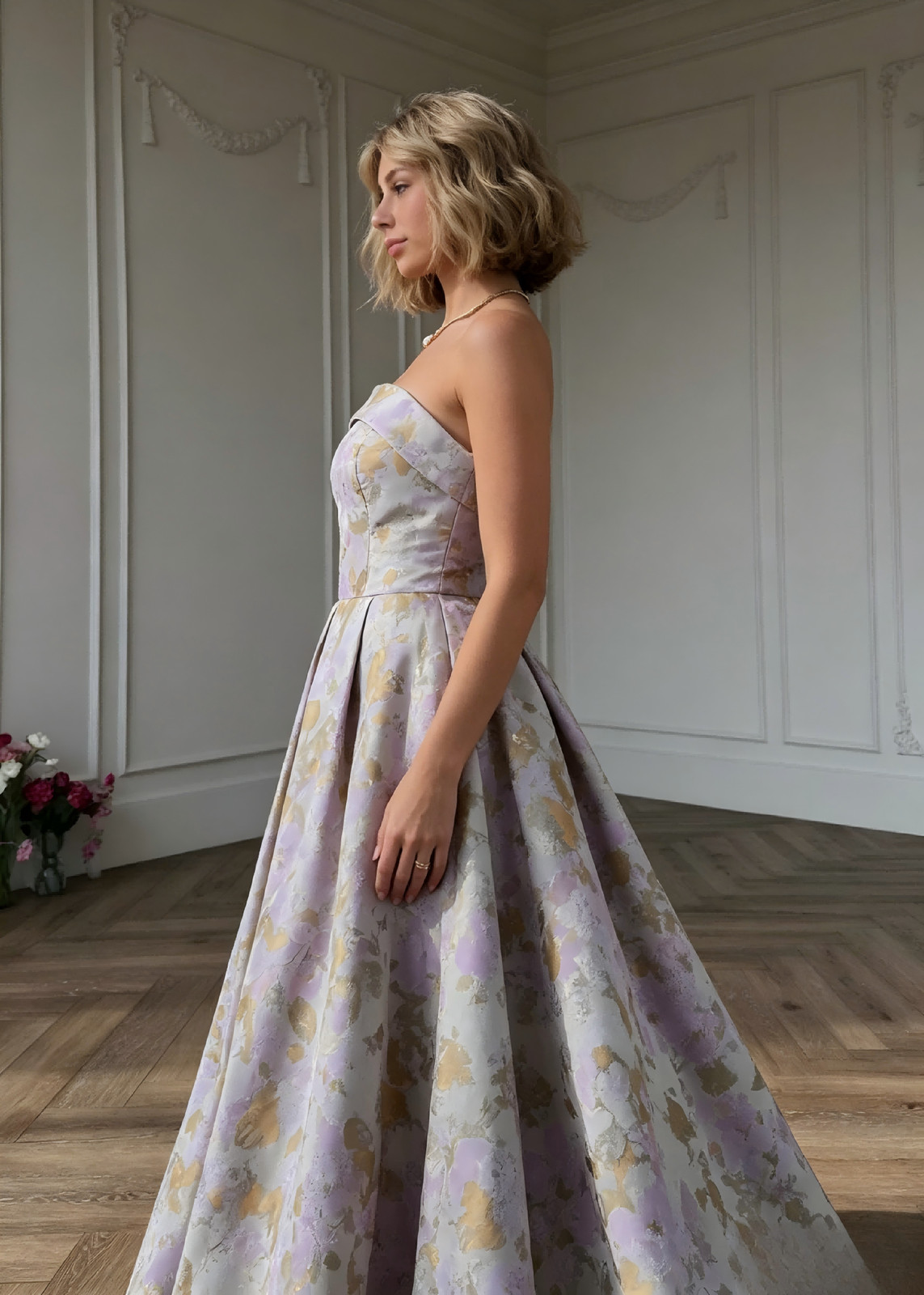 Strapless Lavender Floral Jacquard Ball Gown Formal Evening Prom Dresses