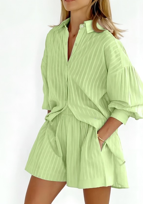Women Striped 2 Piece Outfit Long Sleeve Button Down Shirt + Casual Short Set