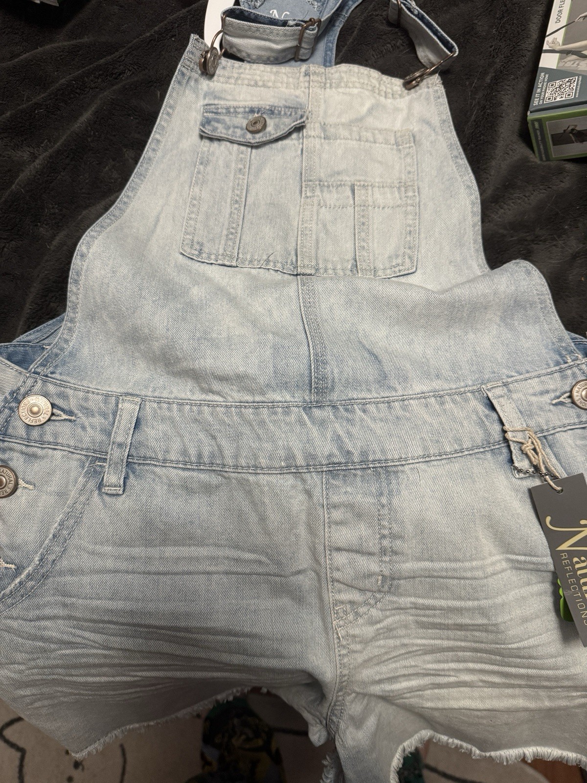 Natural Reflections Women’s S Bleach Wash Denim Shortalls Blue Pockets Button