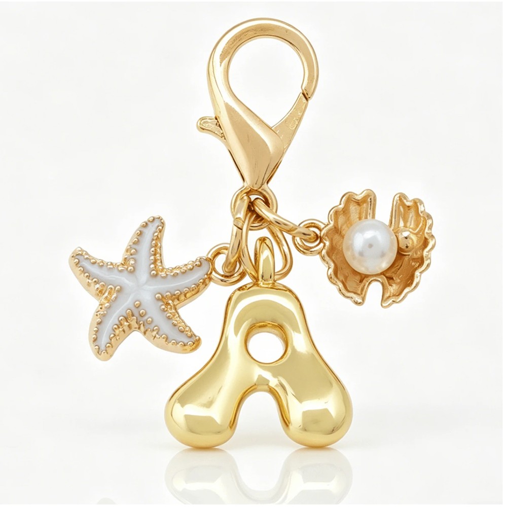 1PCS Gold A-Z Bubble Alphabet Keychain Starfish Shell Bag Charm Gift for Women