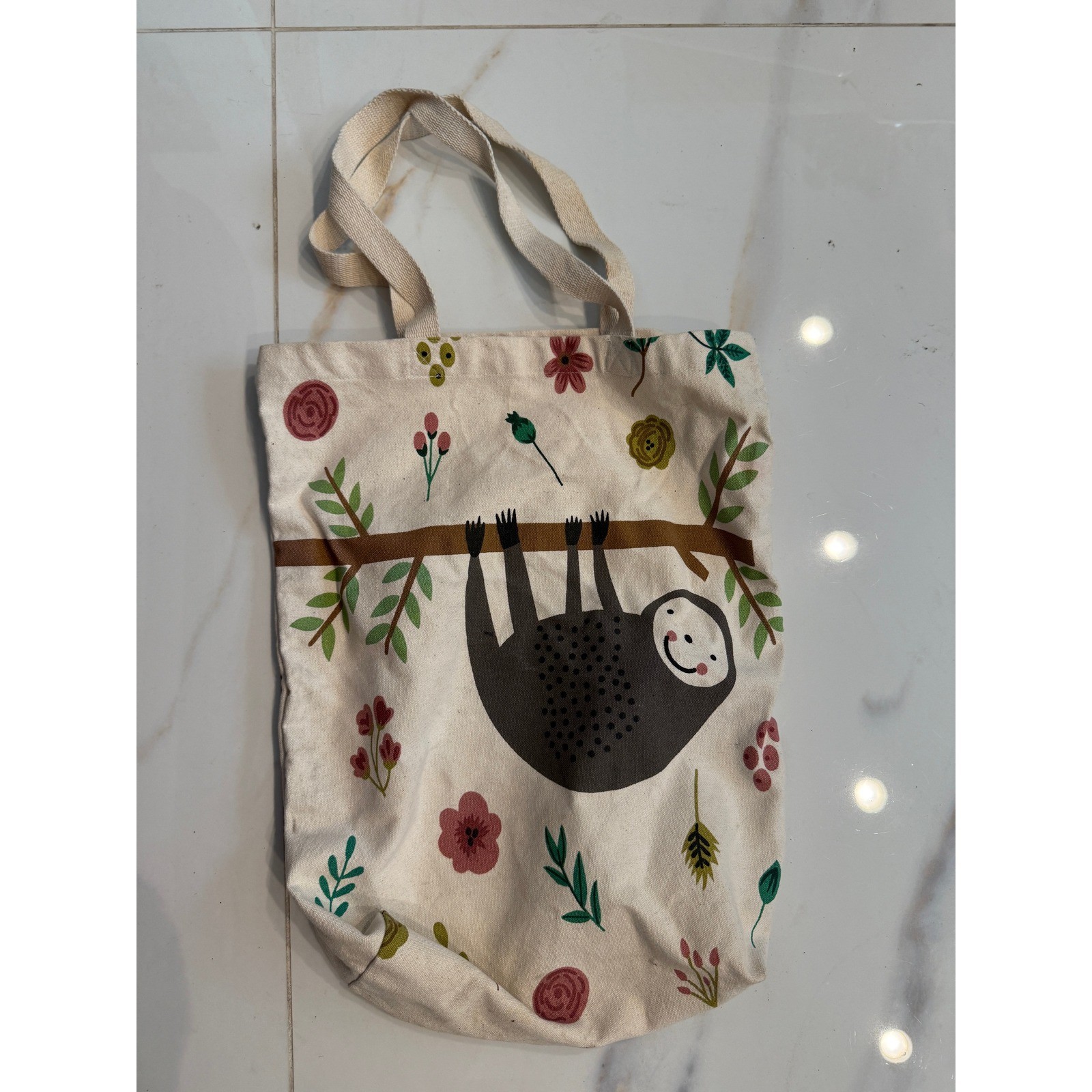 Sloth Floral Canvas Tote Bag Cream Reusable Grocery Shopper Book Bag