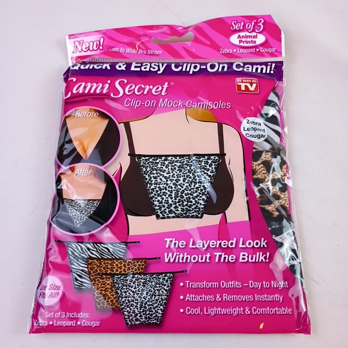 Cami Secret Clip-On Mock Camisoles Set of 3 Animal Prints Zebra, Leopard, Cougar