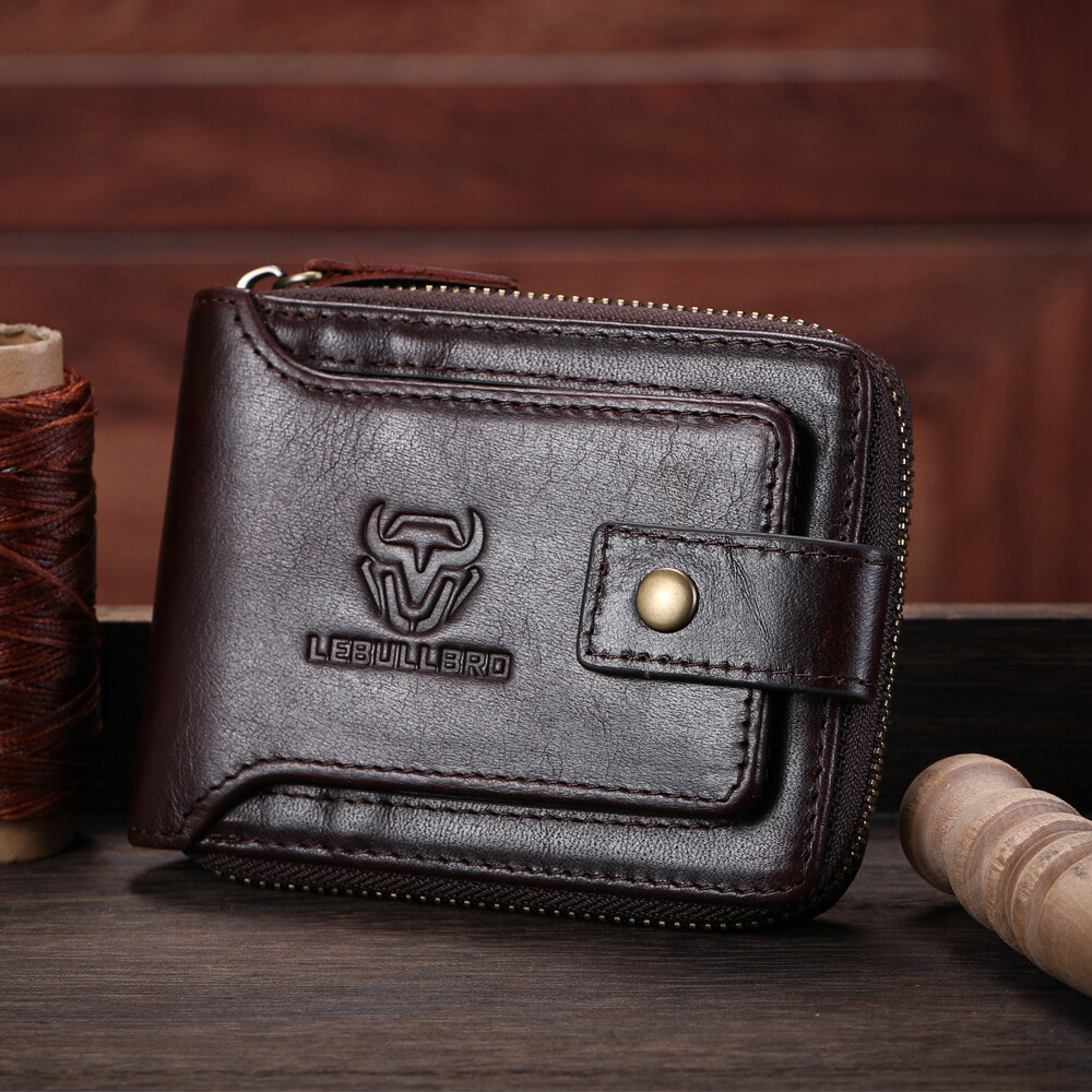 Mens Genuine Leather Zipper Wallet RFID Blocking Bifold Zip Around Card Holder