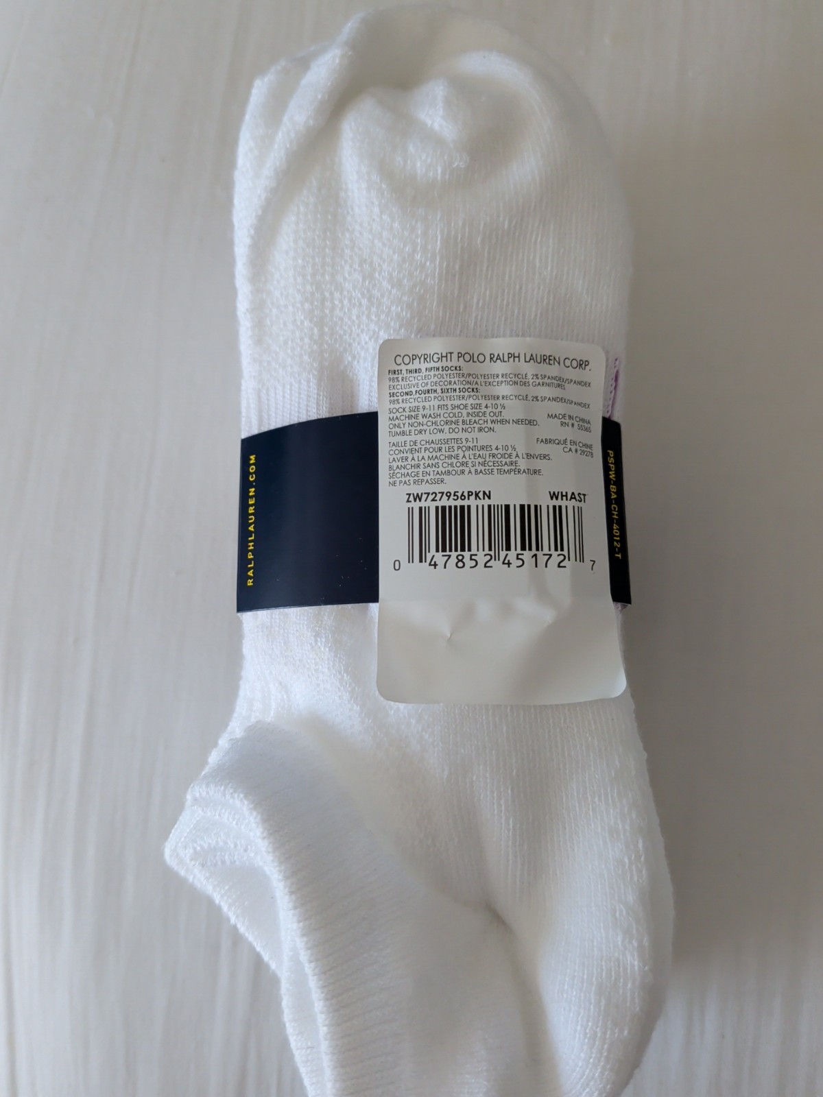 NEW 6 PAIRS PACK POLO RALPH LAUREN WOMEN NO SHOW SOCKS WHITE Pony Stripe 9-11