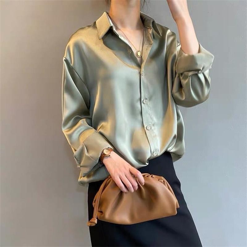 Silk Korean Office Ladies Elegant Shirt Blouse Button Up Satin Long Sleeve Shirt