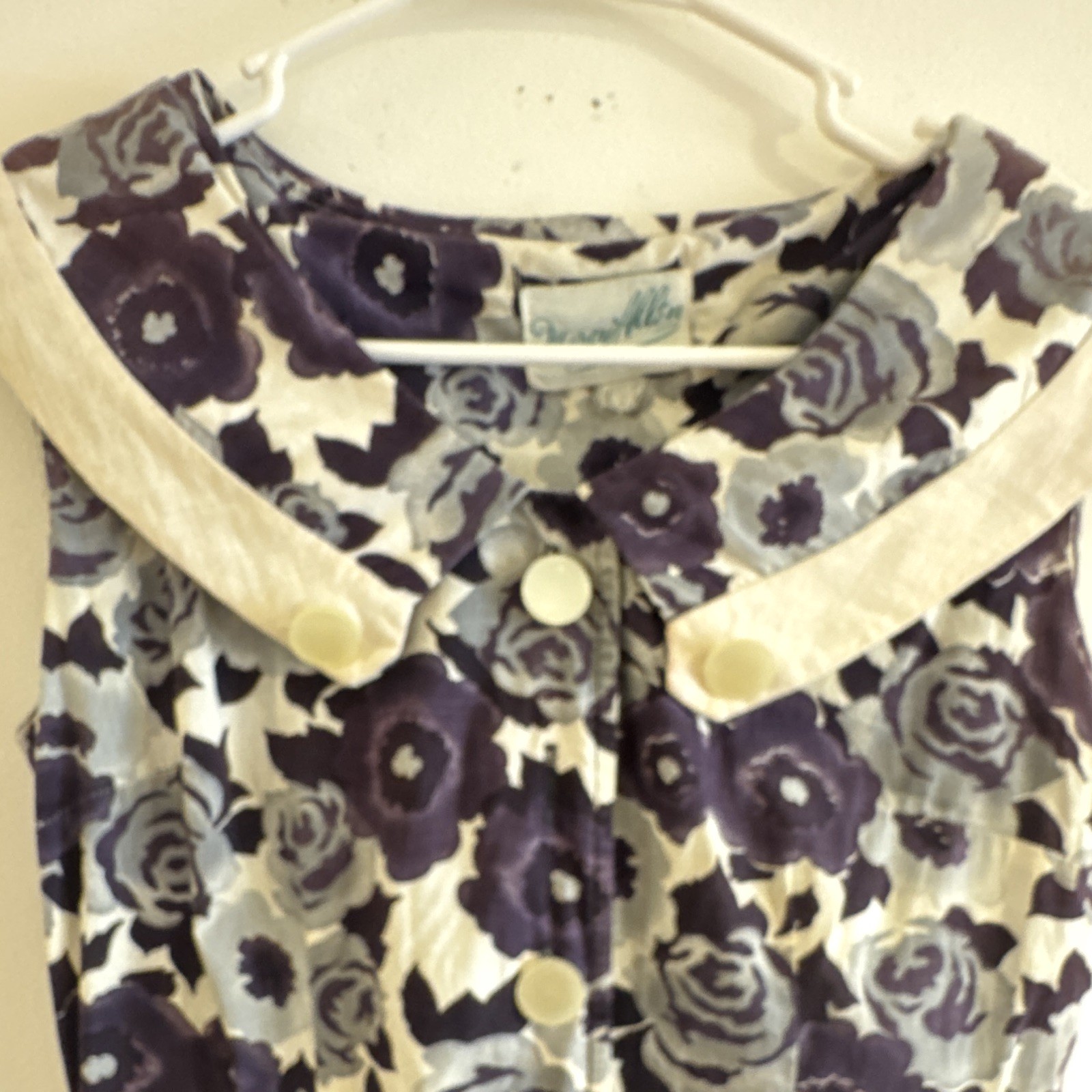 Marcy Allen Women’s M White Purple Gray Floral Cotton Dress Bow Button