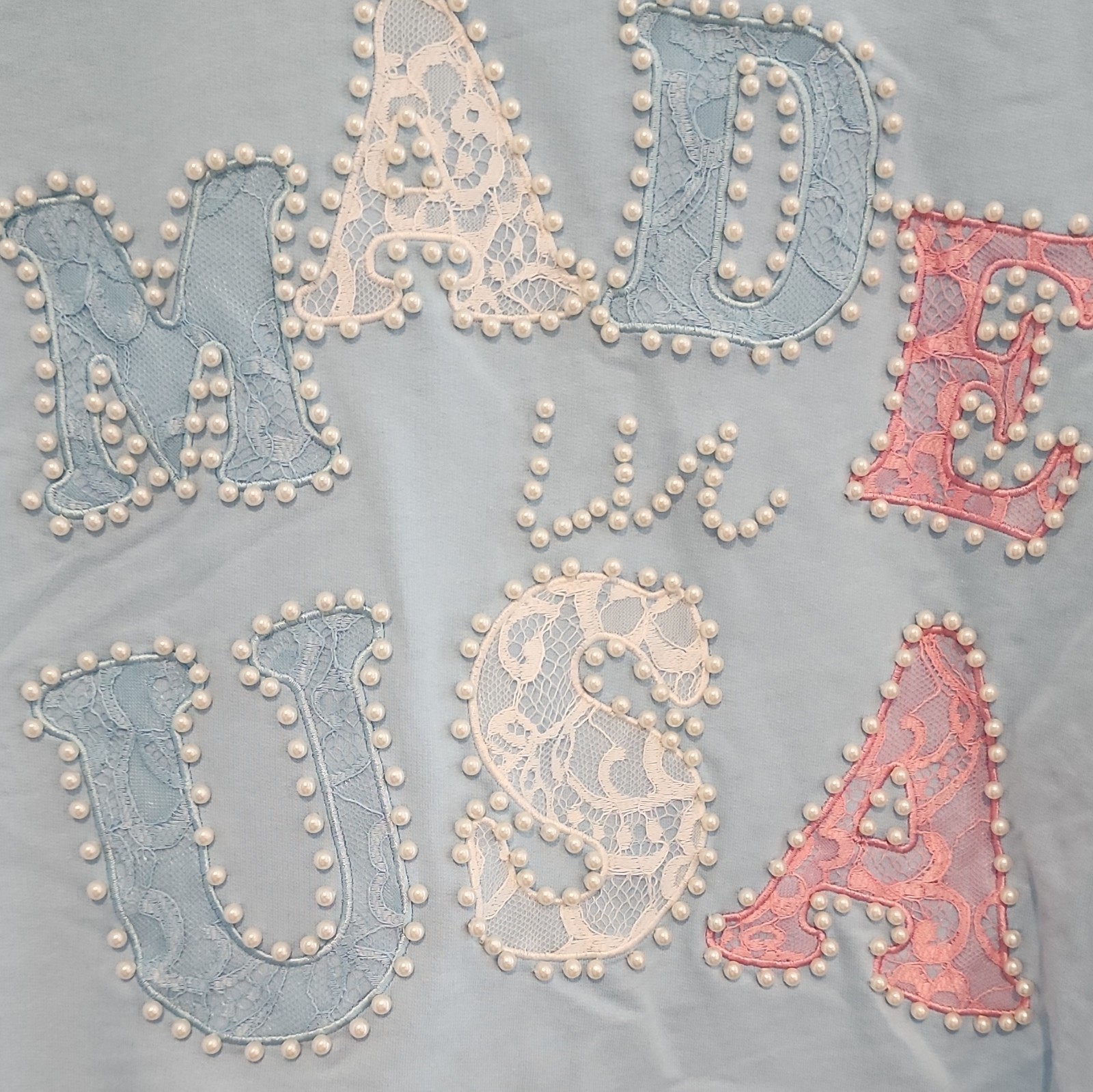 Peach Love. crop top Blue USA Graphic Print Lace & Pearl Beaded Cotton T-Shirt L