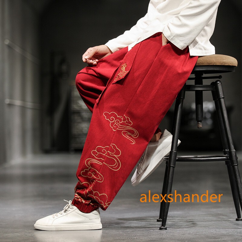 Men Chinese Kung Fu Pants Tai Chi Trousers Wushu Lace Up Martial Arts Sports Red