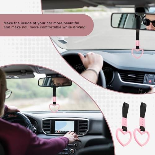 2PCS Heart Shaped Car Handle Straps, Rear Bumper Warning Keychain Ring Pink