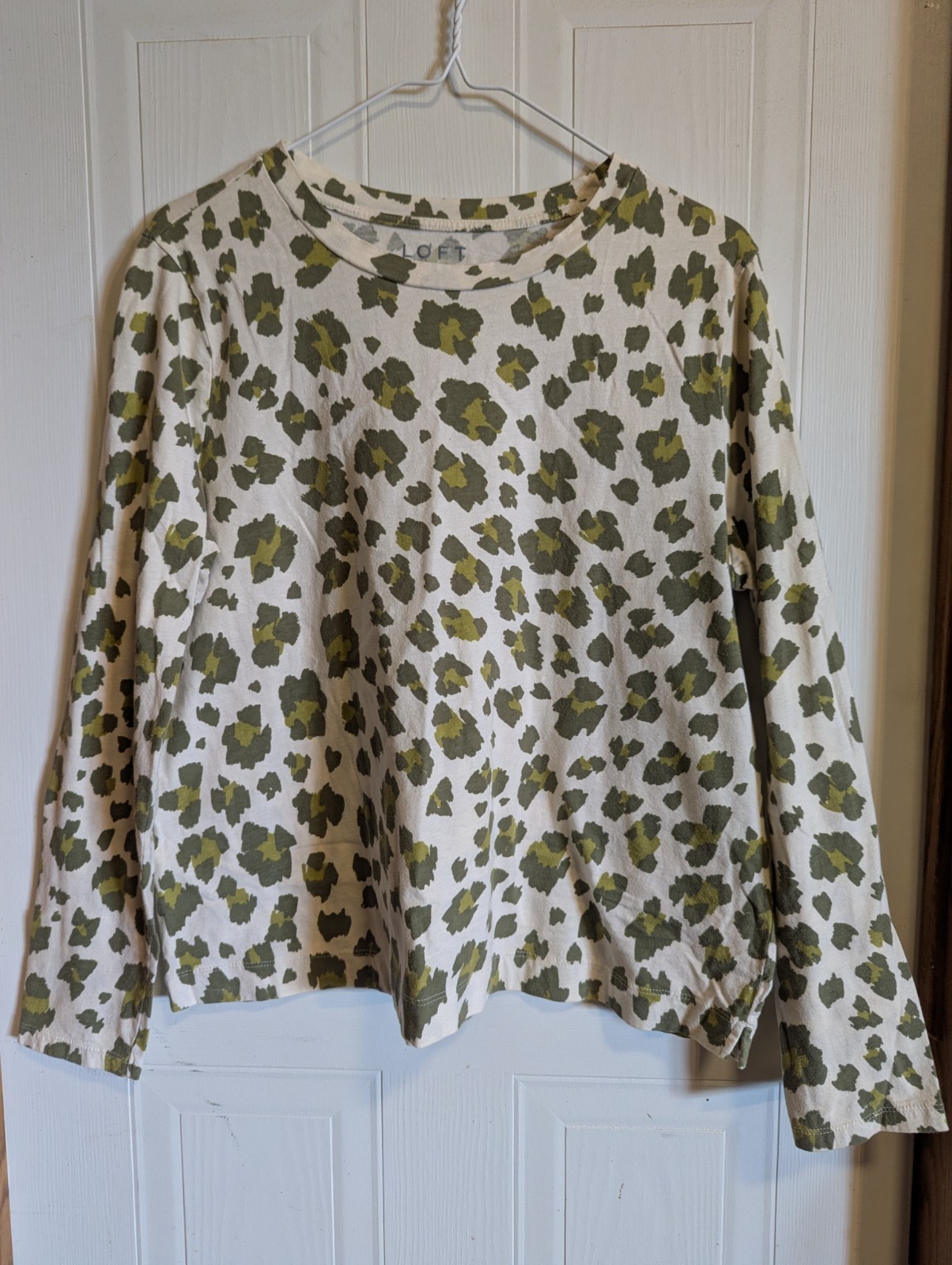 LOFT Green White Leopard Print Crew Neck Long Sleeve Cotton T-Shirt Women’s XL