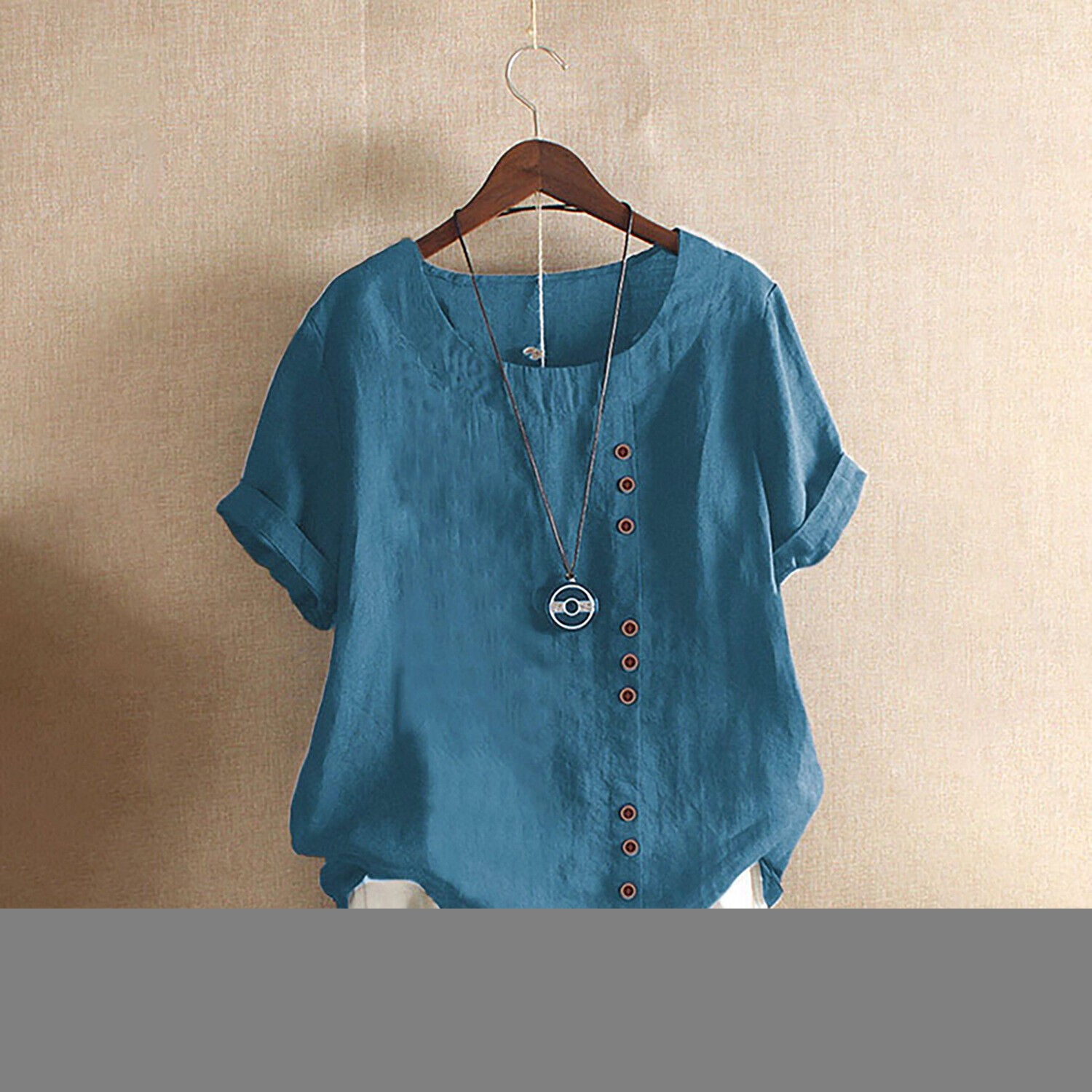 Summer Womens Cotton Linen Tunic Blouse Tops Short Sleeve Shirt Casual