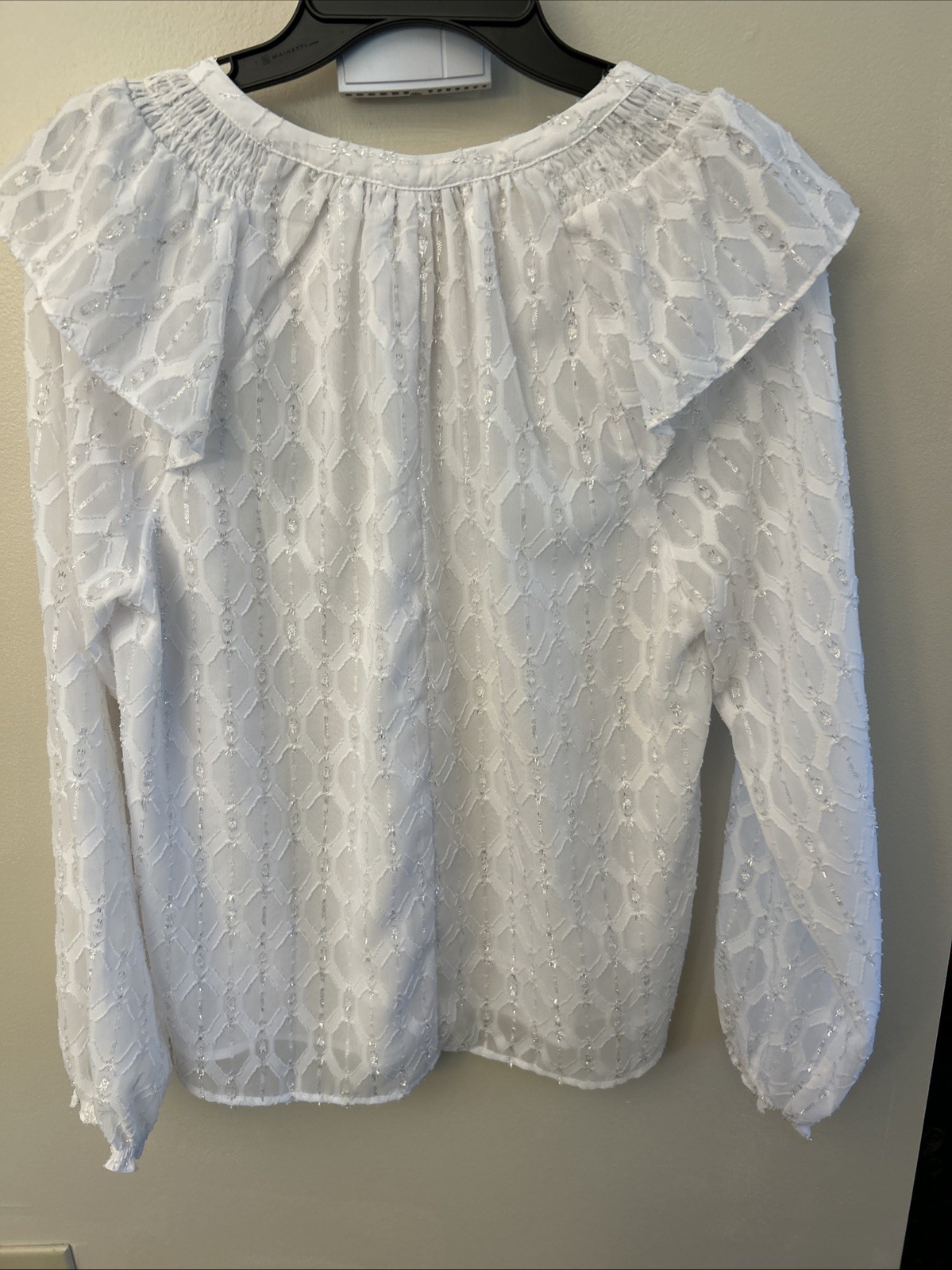 Loft NEW $65 Sz M White Silver Metallic Ruffle Lined Polyester Other Fiber Top