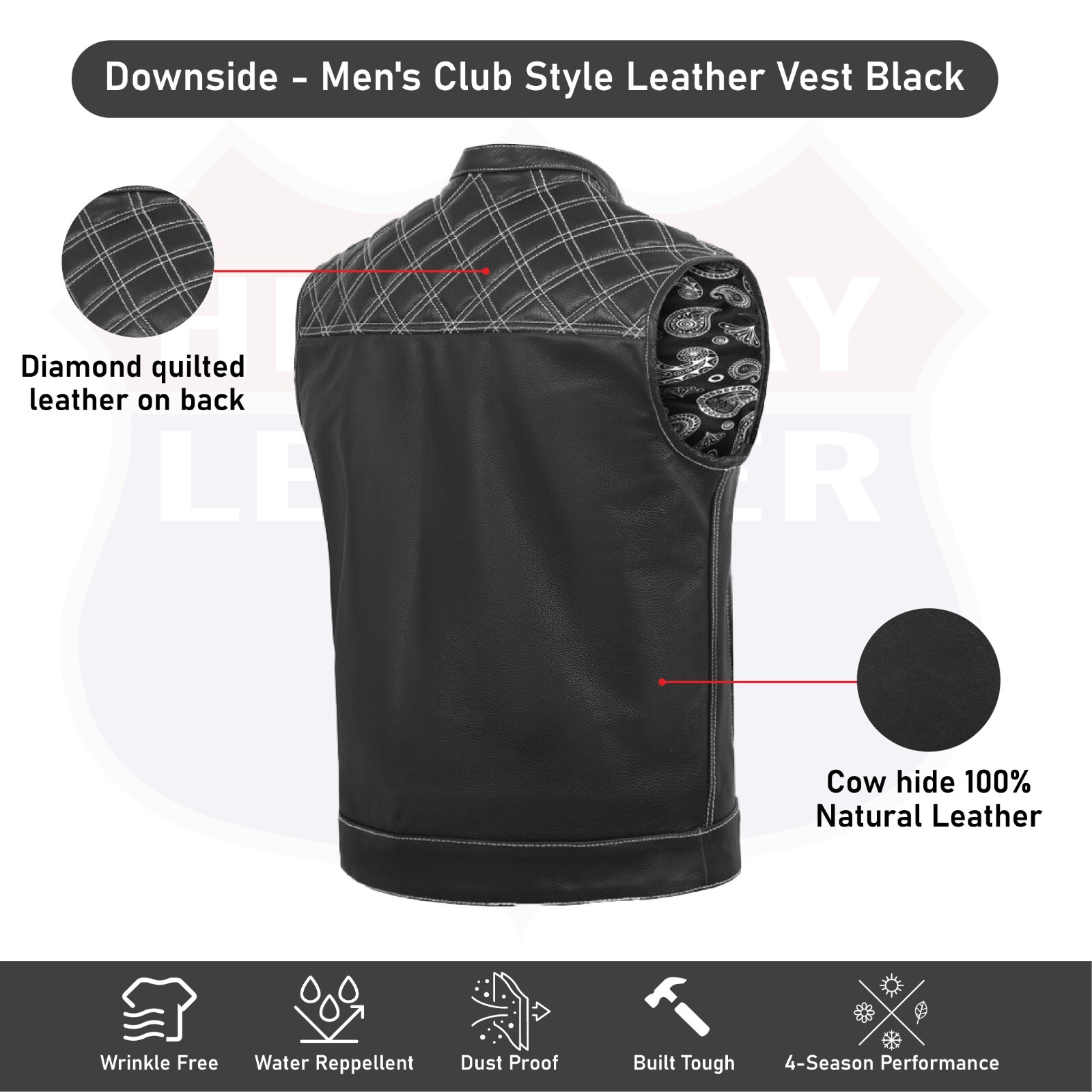 HL11693SPTWHT WHITE Black Men Cross Stitch Club Leather Vest