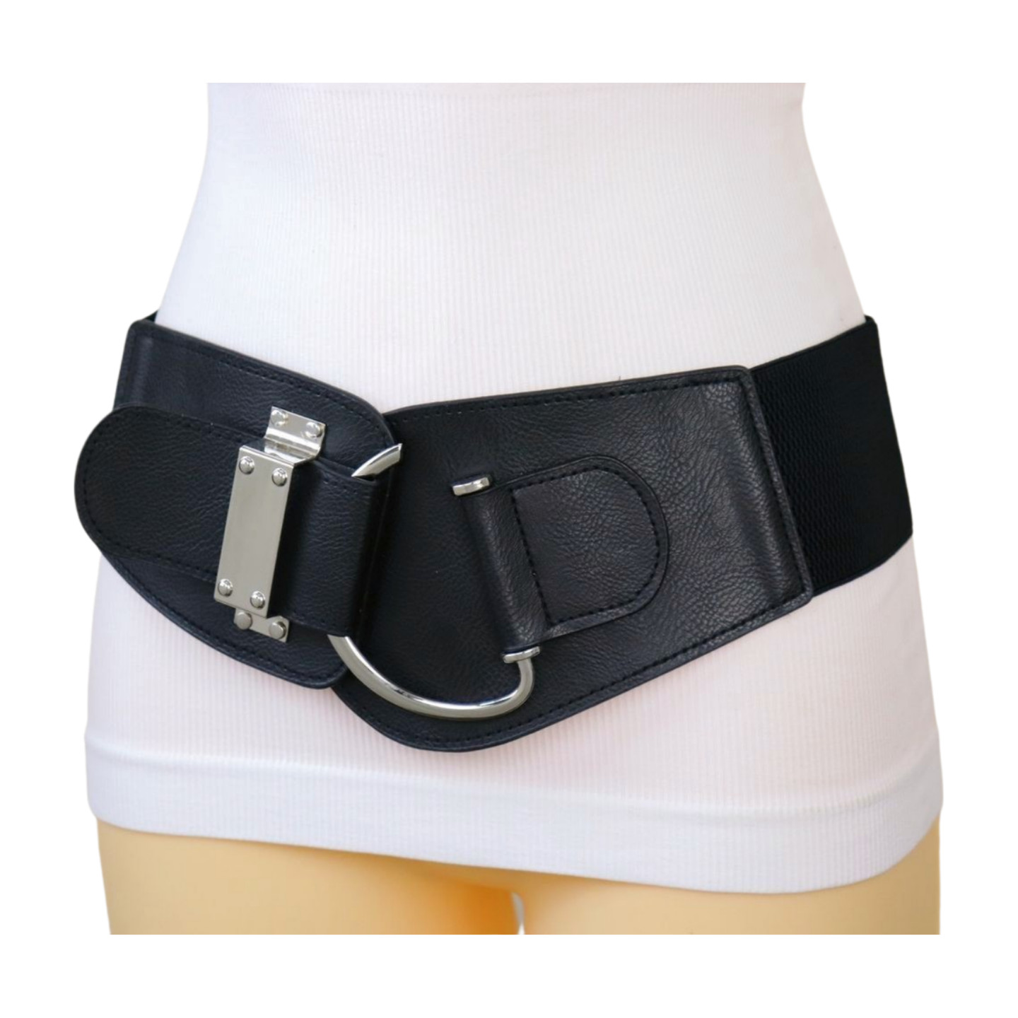 Women Black Wide Elastic Fashion Hip Waist Belt SILVER Metal Hook Buckle Fit S M