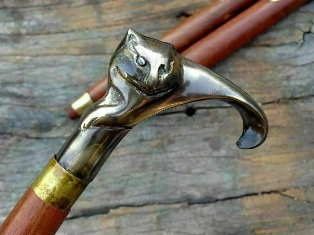 Nautical Antique Solid Brass Cat Head Handle Vintage Wooden Walking Stick Cane