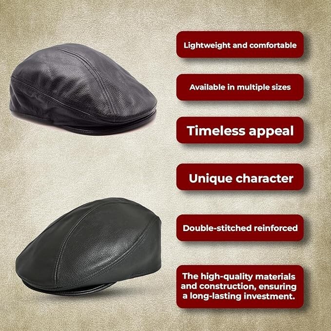 Men’s Real Leather Gatsby Black Cap Golf Driving Ascot Flat Cabbie Ivy Newsboy
