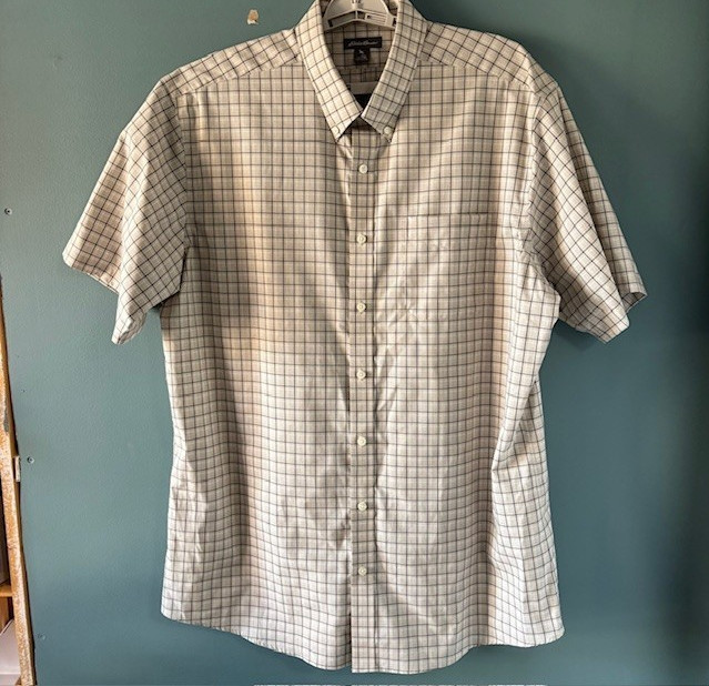 Eddie Bauer Beige White Micro Check Plaid Short Sleeve Button Shirt Preppy XL
