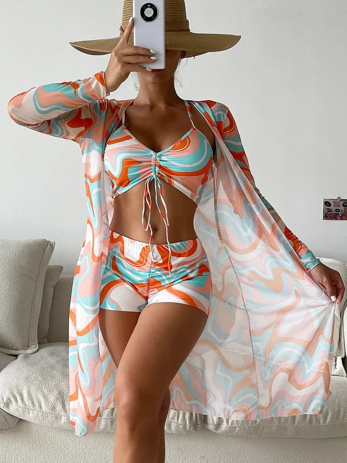 Womens 3 Piece Swimsuit with Mesh Long Sleeve Cover Up Drawstring Bathing Suits
