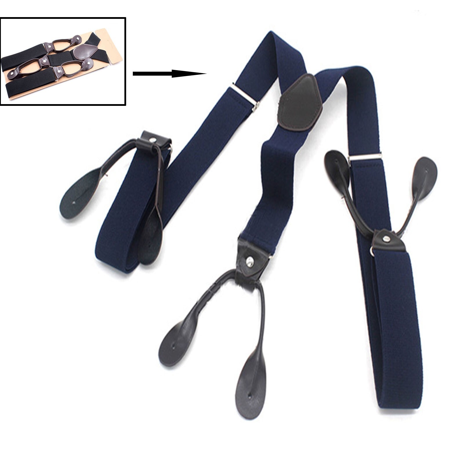 Button Holes Link Men’s Suspenders-Black with 6 Button Holes 2 Length Adjusters