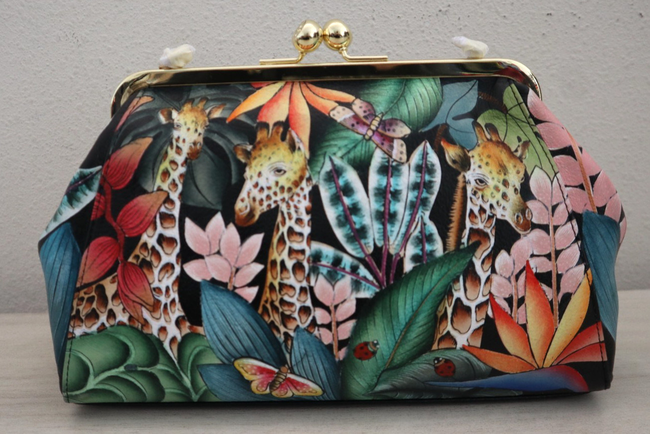 Anuschka Jungle Hand-Painted Leather Kiss Lock Clutch Crossbody Shoulder Bag$298
