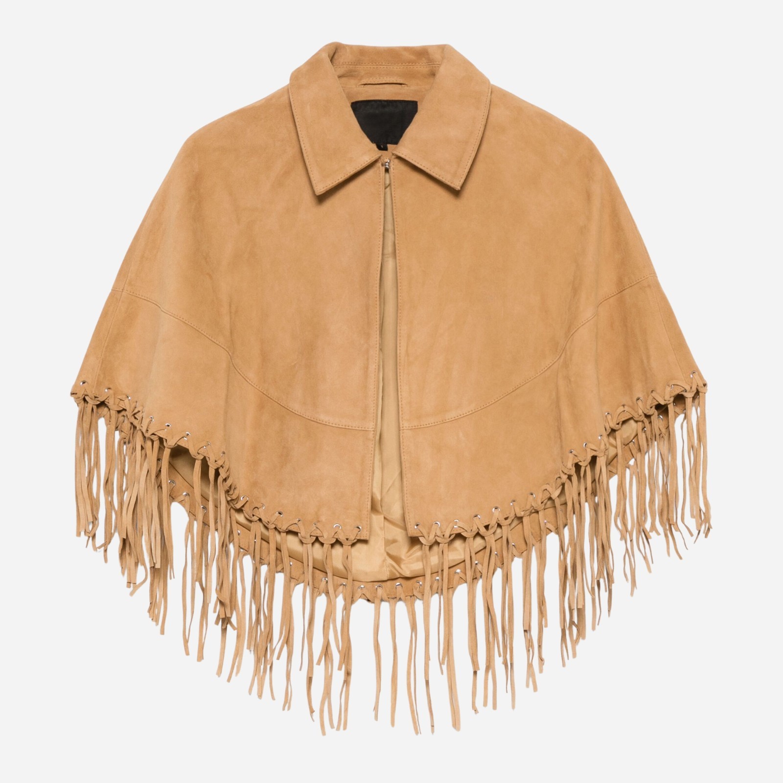Women Suede Leather Cape Camel Relaxed Fit Fringe Trim Western Poncho