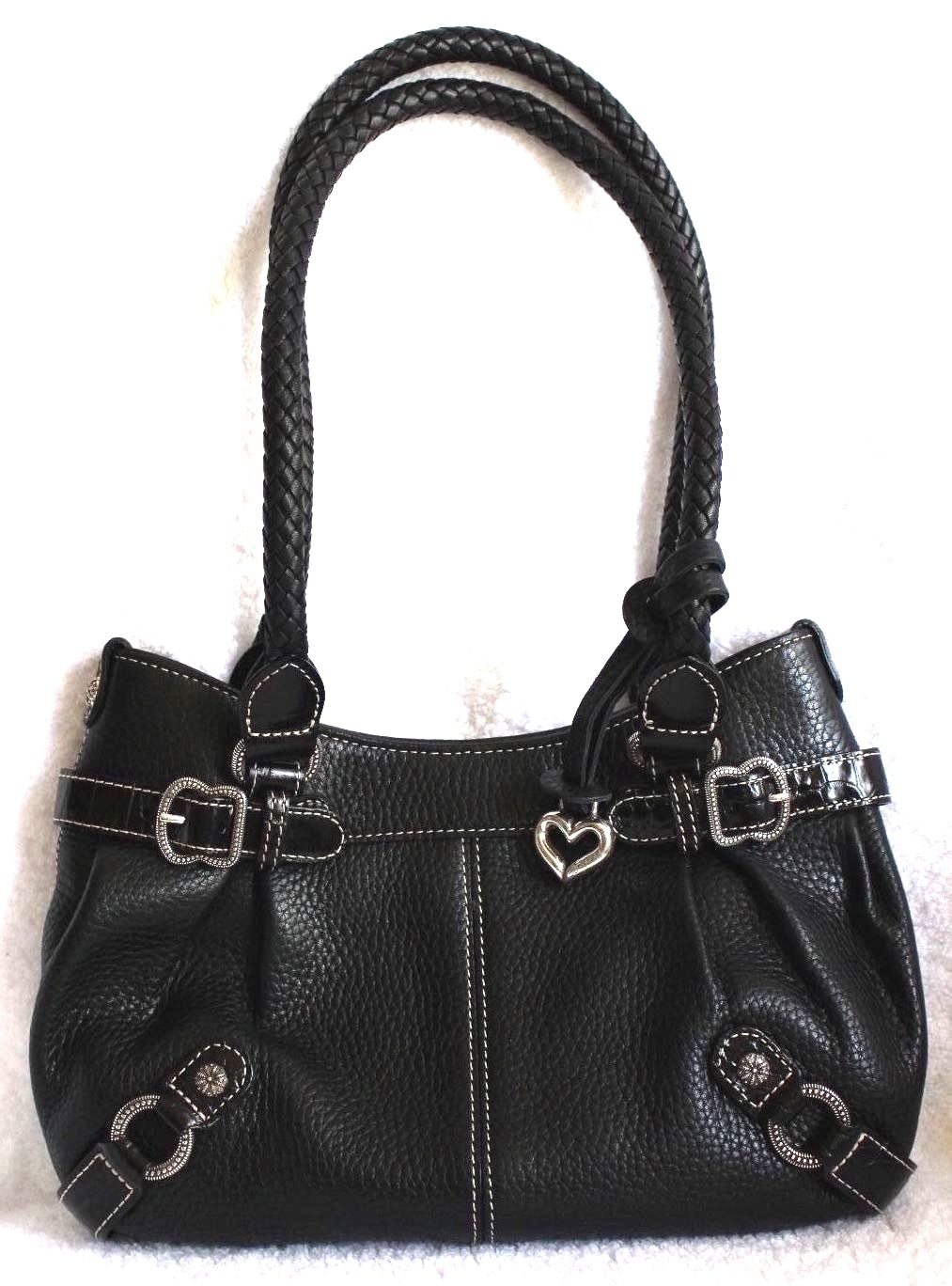 Brighton Suzette Black Pebbled Leather Shoulder Bag w/2 Braided Handles D242642
