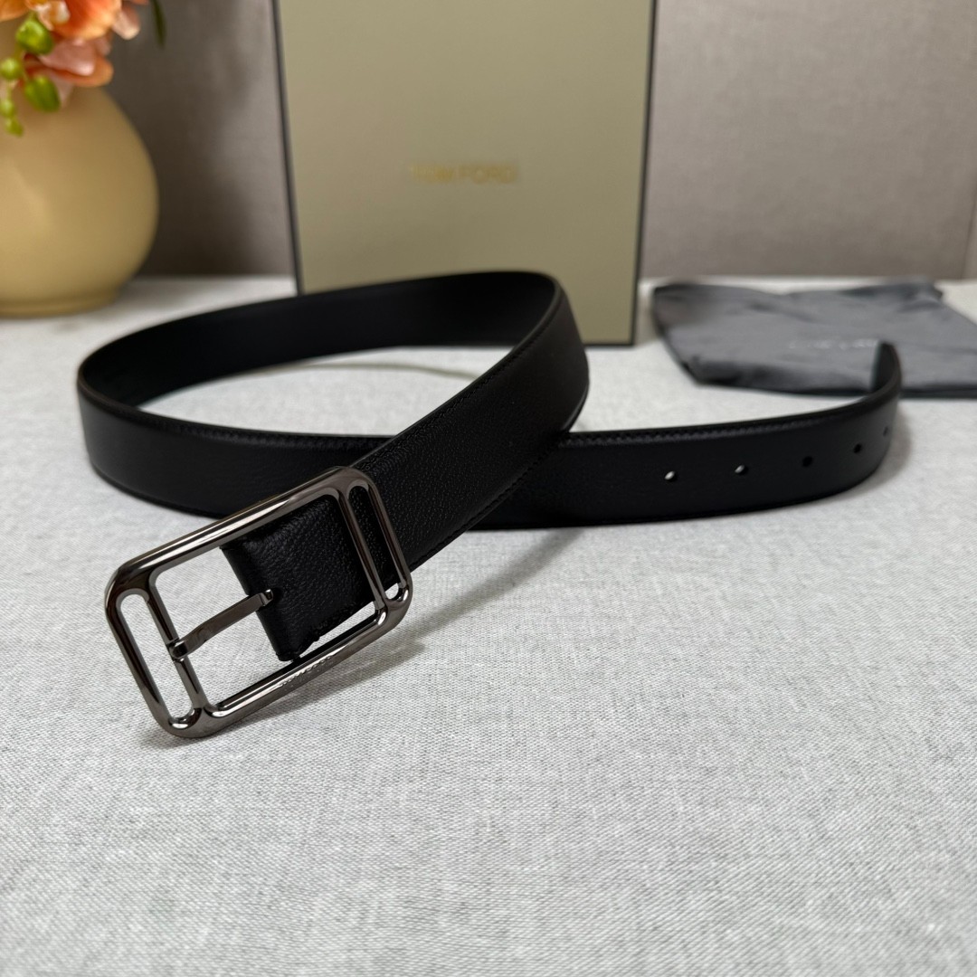 Tom Ford Mens Black Leather Black Metal Buckle Belt 3.5cm